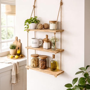 3 Tier Rustic Wooden Hanging Rope Shelf Wall Storage