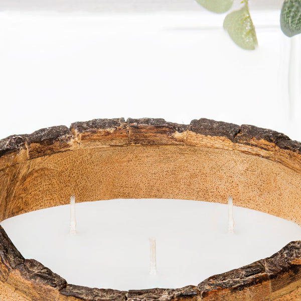A close-up of a large wooden vessel candle with a natural tree-slice rim, filled with white wax and three visible wicks.