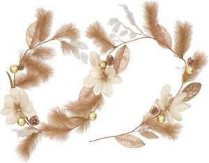 Decorative floral wreath with beige flowers, leaves, and gold beads on a white background