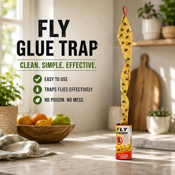A yellow sticky fly trap with printed black and yellow bee graphics is shown hanging from a red loop above its retail container on a kitchen counter. Large text on the left reads 'FLY GLUE TRAP' with feature bullet points, and the background shows a softly blurred kitchen scene with fruit, plants, and shelves.