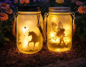 Two illuminated mason jars with fairy and unicorn silhouettes against a floral background.