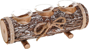 Decorative log with three glass candle holders tied together with twine on a white background