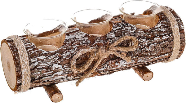 Decorative log with three glass candle holders tied together with twine on a white background