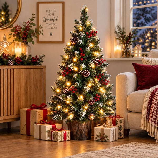 A decorated Christmas tree in a cozy living room setting, with warm white lights, red berries, pinecones, and white snow-like frosted tips, surrounded by wrapped gift boxes, a sofa, and holiday decor.