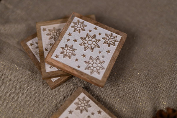 Wooden Coasters with Holder Snowflakes Wood Placemats