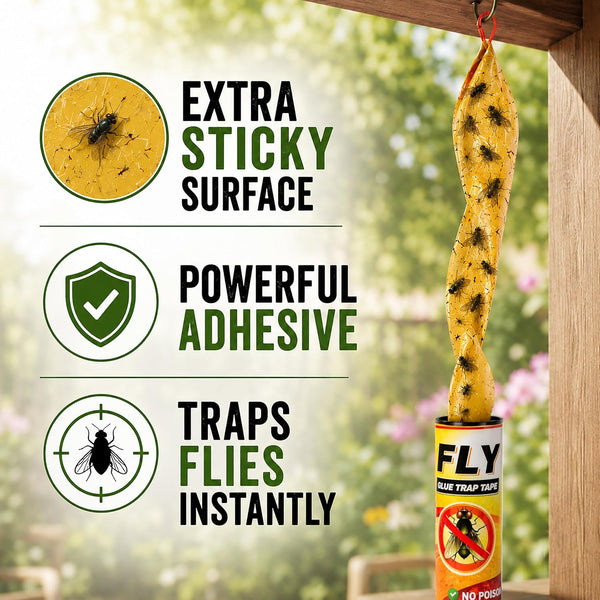 A hanging yellow sticky fly trap with black spots is shown next to a can of fly trap traps, with three feature callouts on the left: 'EXTRA STICKY SURFACE,' 'POWERFUL ADHESIVE,' and 'TRAPS FLIES INSTANTLY.' The background is a blurred outdoor garden scene.