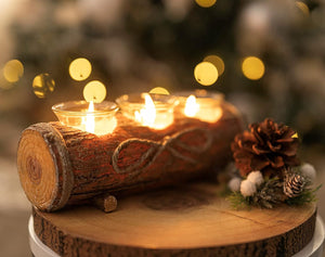 Decorative log with lit candles and pinecones on a blurred Christmas tree background