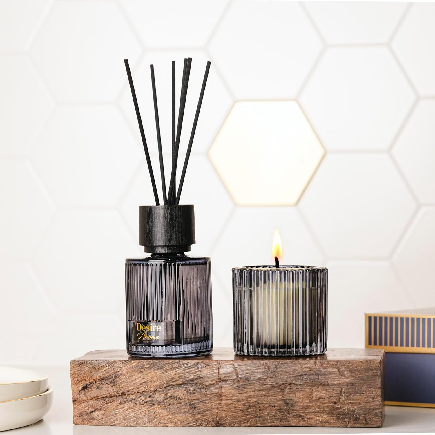 Amber & Sandalwood Scent Reed Diffuser Candle Set