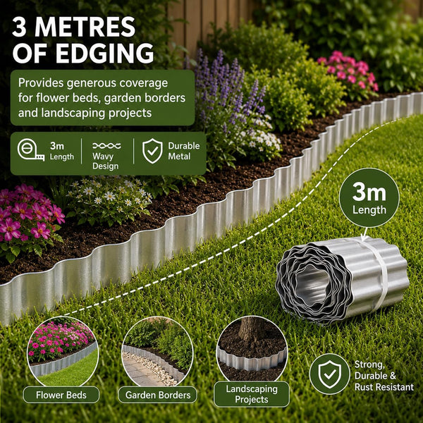 Galvanised Steel Garden Edging 3m × 15cm Wavy Metal Border