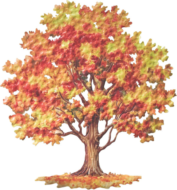A decorative autumn tree illustration with dense red, orange, yellow, and green leaves on a brown trunk, shown on a plain white background.