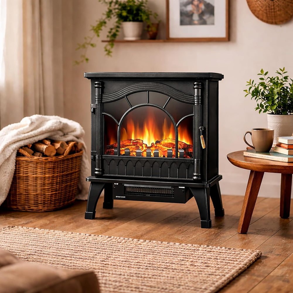 A black freestanding electric wood-burning fireplace with glowing orange and yellow faux flames, placed in a cozy living room setting with a woven rug, basket of logs, plants, and a side table.