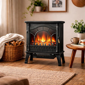 A black freestanding electric wood-burning fireplace with glowing orange and yellow faux flames, placed in a cozy living room setting with a woven rug, basket of logs, plants, and a side table.