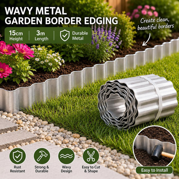 Galvanised Steel Garden Edging 3m × 15cm Wavy Metal Border