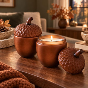 Three acorn-shaped candles in a warm autumn living room setting. One candle is shown closed, and two are shown open with white wax and a lit flame, all in a textured bronze-brown finish with matching lids.