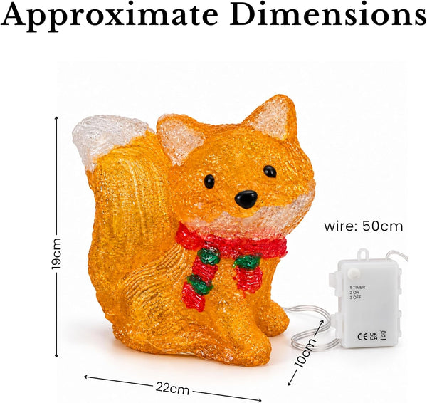 A small orange fox-shaped decorative light with a red and green scarf, shown with overlaid dimension labels (19 cm tall, 22 cm wide, 10 cm depth) and a white wired controller on a white background. Large text at the top reads 'Approximate Dimensions'.