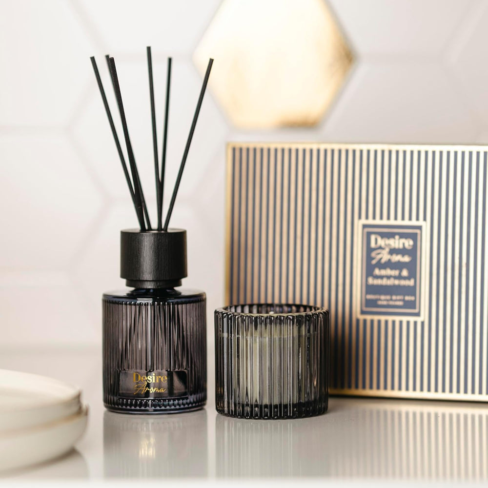 Amber & Sandalwood Scent Reed Diffuser Candle Set