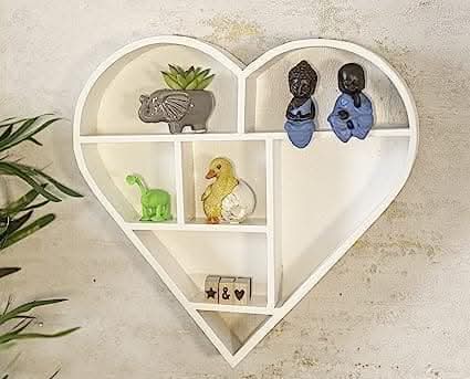 6 Compartment Shabby Chic Wall Mounted Floating Shelf - White Heart