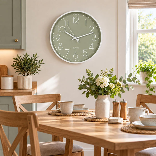 A round wall clock with a sage green face and white frame hangs on a beige wall in a bright dining room. The table is set with mugs, plates, and a vase of flowers, with plants and kitchen cabinets visible in the background.
