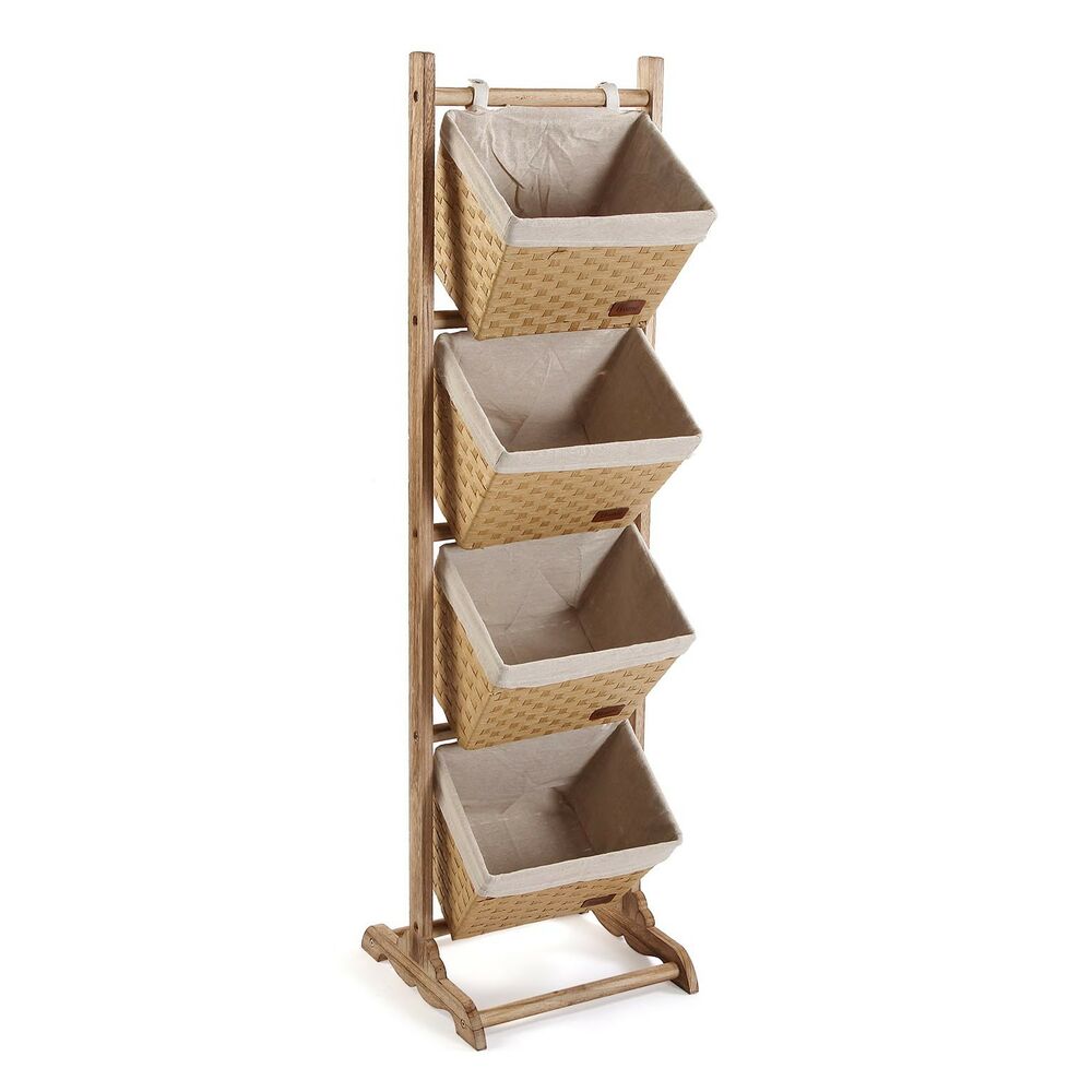 A brown occasion furniture item made of wood with cotton baskets, designed for storage and organization.