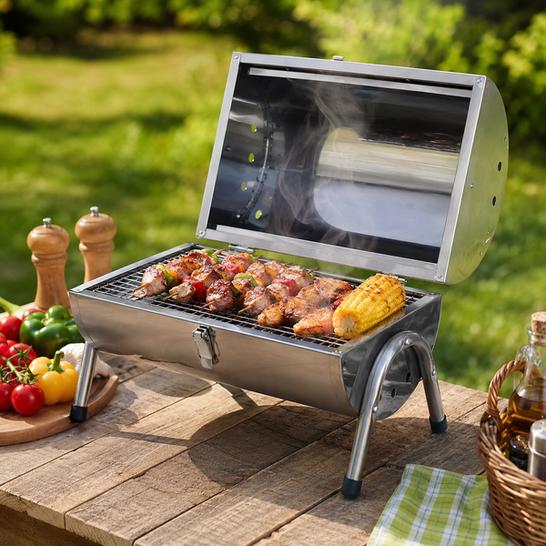 Portable Barrel Stainless Steel BBQ Garden Camping Picnic Charcoal Grill Table