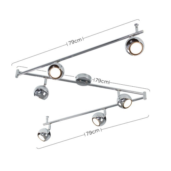 Ceiling light fixture with six lights and measurement details on a white background