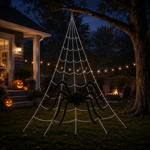 A large black inflatable spider decoration with red glowing eyes hangs in the center of a white LED web light structure set up in a backyard at night. The scene includes a house porch with lit jack-o'-lanterns, string lights, trees, and patio furniture in the background.