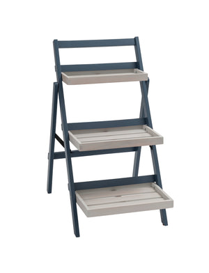 Three-tiered plant stand with gray shelves on a white background