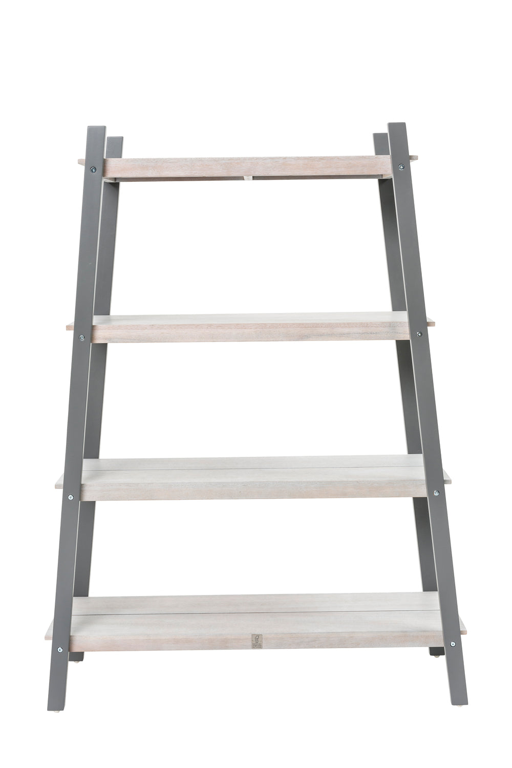 A greywash-finished Grigio Plant Shelf with multiple tiers, displaying various plants and pots, placed outdoors on a paved area.