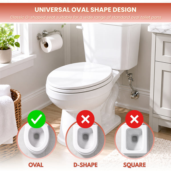 White toilet with a seat cover in a bathroom setting, highlighting the universal oval shape design.