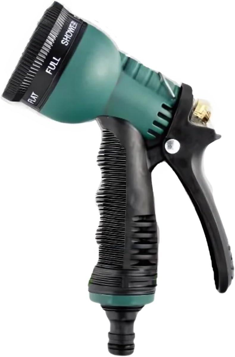 Garden hose spray gun with eight adjustable spray patterns.