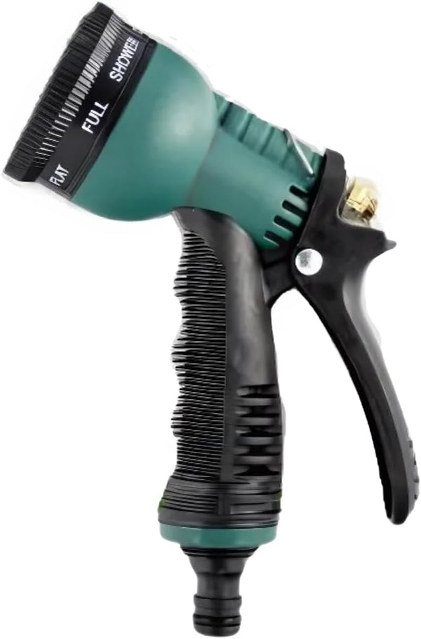 Garden hose spray gun with eight adjustable spray patterns.
