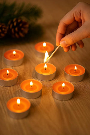 Orange scented candles displayed in tealight holders