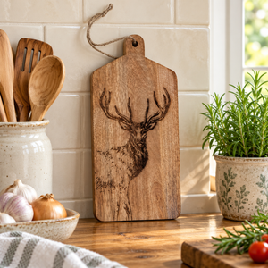 A rustic wooden cutting board with a carved stag design, hanging on a kitchen wall by a rope handle. The board is styled on a wooden countertop with kitchen utensils, garlic, onions, a potted rosemary plant, and a tomato in a real kitchen environment.