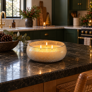 1. Three-wick crackle-effect glass candle on a dark kitchen island with green cabinets and subtle Christmas decorations.