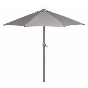 A gray cantilever patio umbrella with a metal pole and central tilt valve, shown against a plain white background.