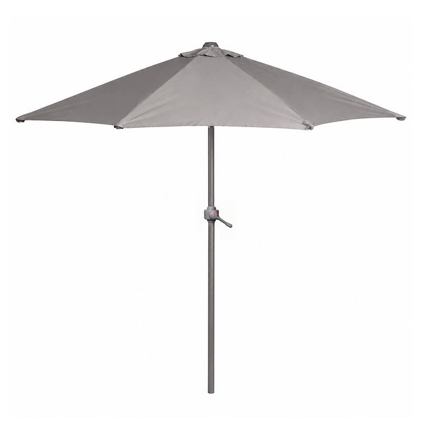 A gray cantilever patio umbrella with a metal pole and central tilt valve, shown against a plain white background.