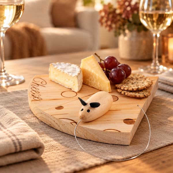 A wooden cheese board with engraved cutouts and the word "Cheese" on the side, styled on a table with wine glasses, crackers, grapes, and a small wooden mouse-shaped cheese pick. The background shows a softly blurred living room setting.