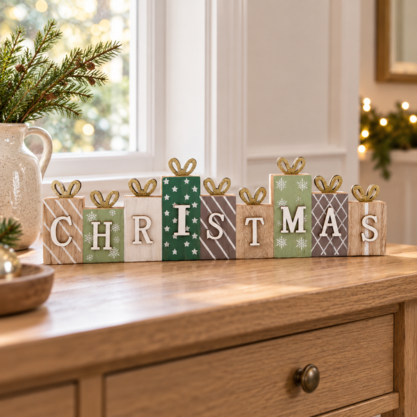 A decorative wooden block sign spelling CHRISTMAS arranged on a wooden cabinet in a real indoor setting with a window, holiday greenery, and warm string lights in the background.