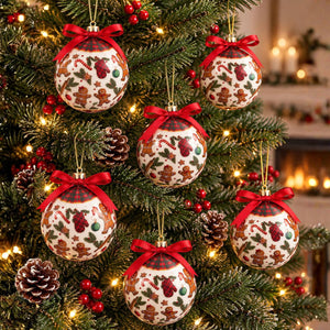 Five Christmas tree ornaments with gingerbread man patterns and red ribbons, hanging on a decorated Christmas tree with lights and pinecones.
