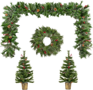 Pre Lit Pine & Red Berry Christmas Decoration Set
