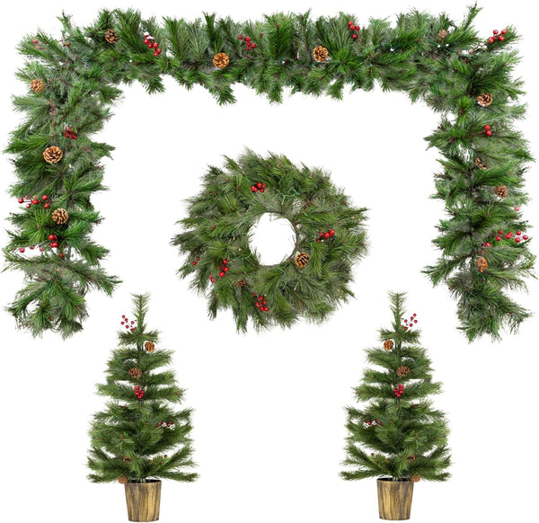 Pre Lit Pine & Red Berry Christmas Decoration Set