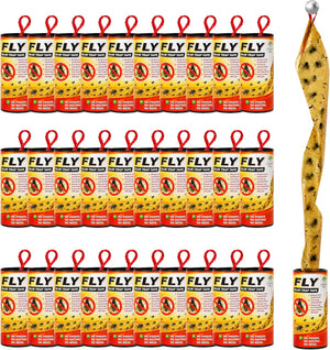 A bulk set of ten-pack of yellow and red mosquito trap tapes, shown alongside a single unrolled tape demonstrating its snake-like shape and red hanging loops.