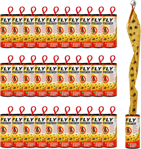 A bulk set of ten-pack of yellow and red mosquito trap tapes, shown alongside a single unrolled tape demonstrating its snake-like shape and red hanging loops.