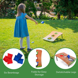 Child playing with a cornhole board on grass, with additional images of beanbags and the cornhole board.