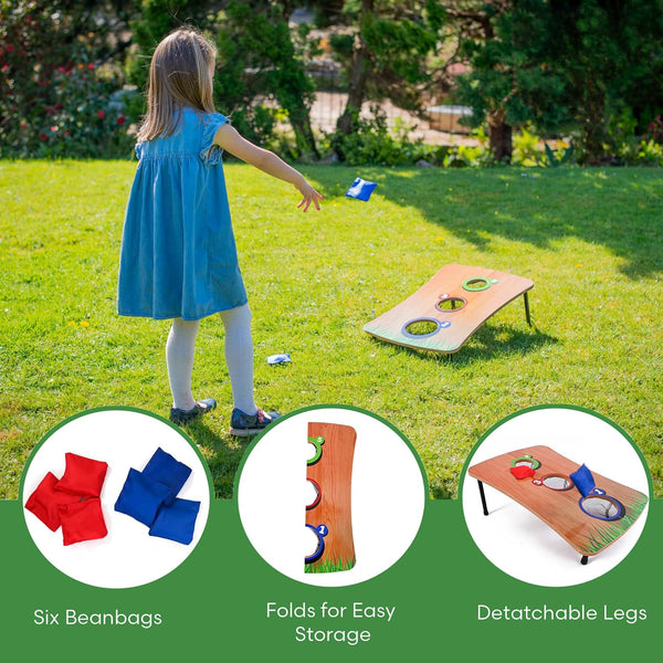Child playing with a cornhole board on grass, with additional images of beanbags and the cornhole board.
