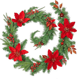 Christmas wreath with red flowers and berries on a white background