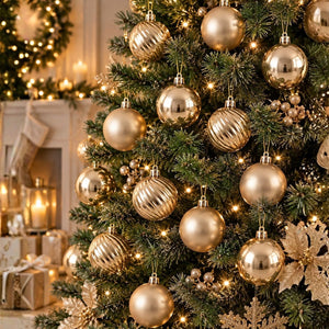 A close-up of a decorated Christmas tree with shiny metallic gold ornaments, warm white string lights, and green pine branches in a cozy holiday setting.
