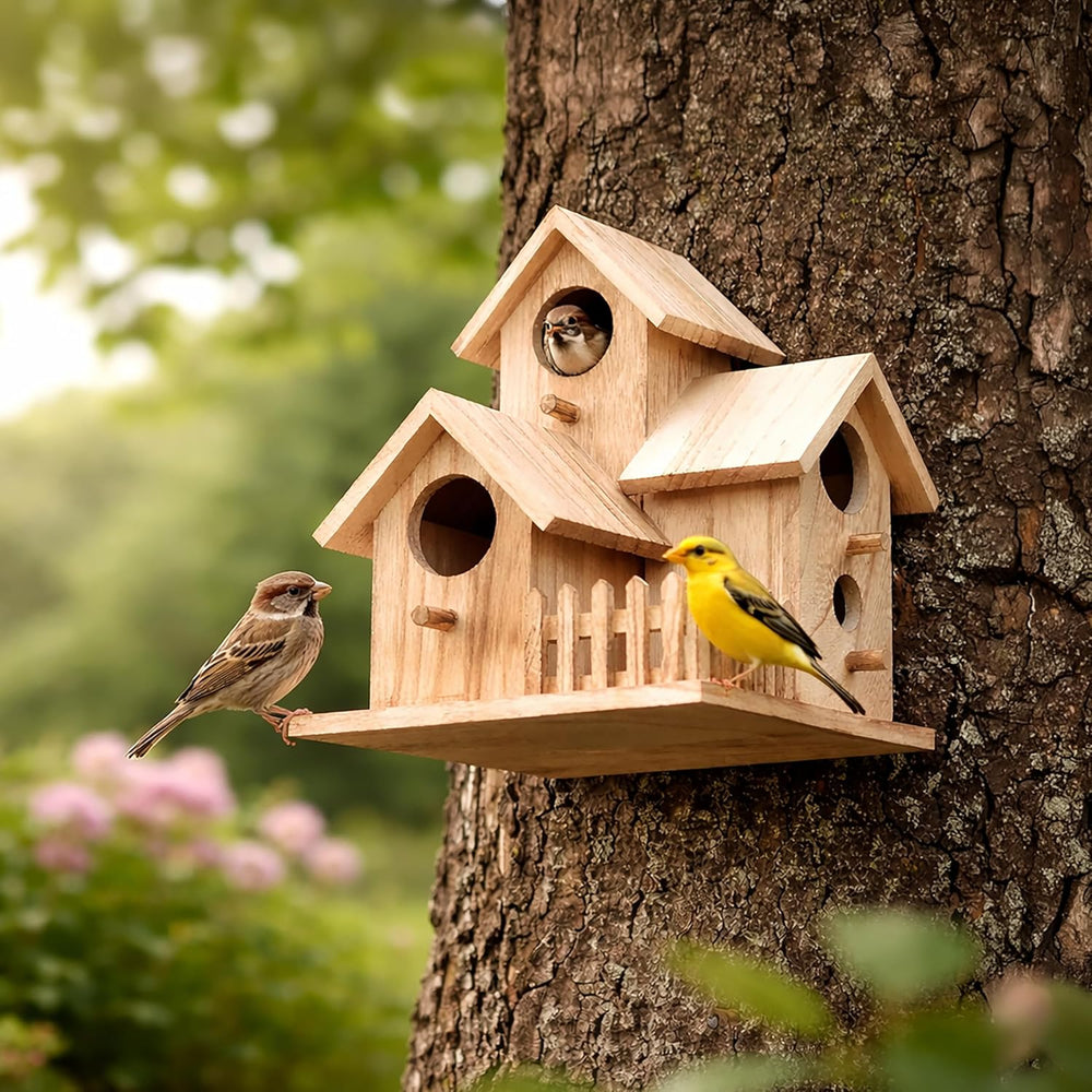 Wooden birdhouse on a tree with two birds perched on it, surrounded by greenery.