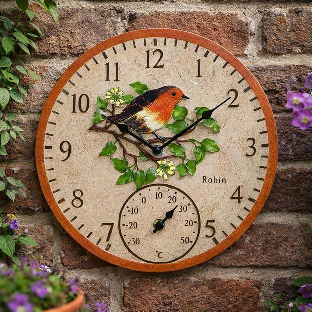 12" Rustic Stone Effect Robin Wall Clock and Thermometer