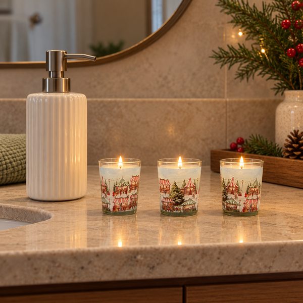 Three lit holiday-themed glass jar candles with a red and white village print sit on a beige stone bathroom counter next to a ribbed white soap dispenser.